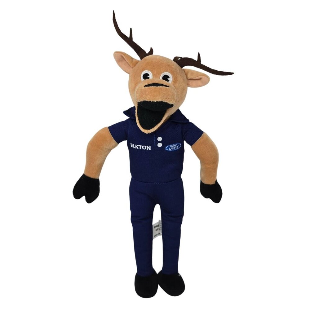 Ramsey Ford Elkton Plush Elk Deer Reindeer Mascot Toy 14" Brown Blue Outfit